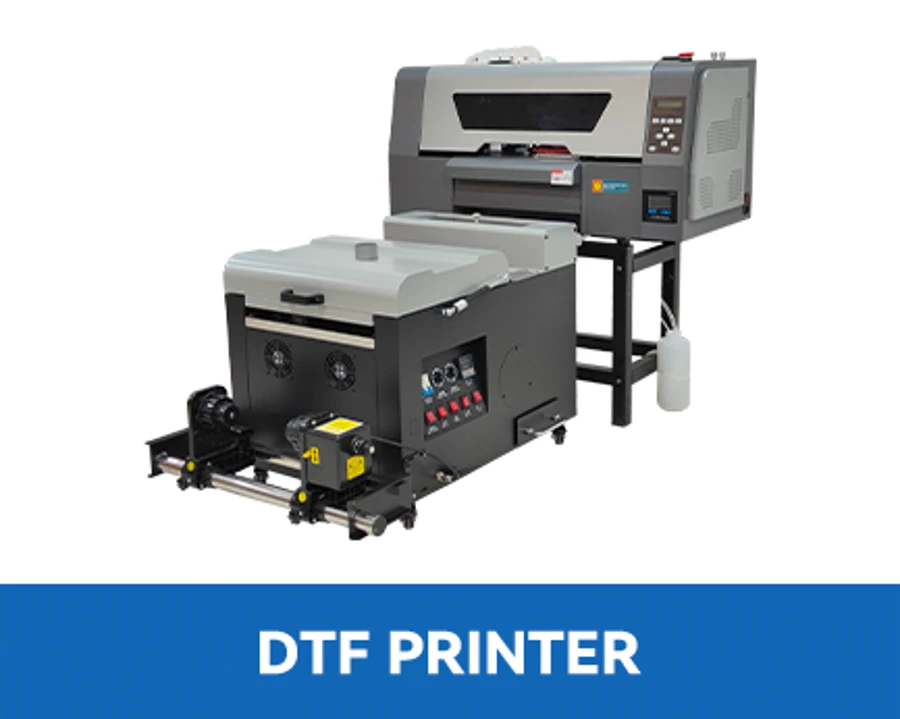 PrintVision DTF printer paired with a compact powder shaker