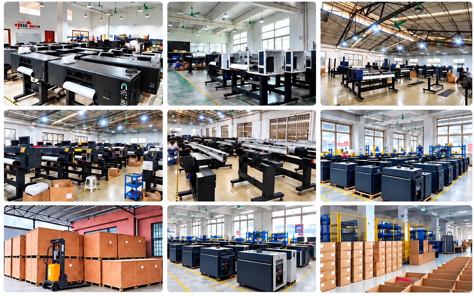 Production workshop showing equipment assembly and packing areas, AI-enhanced from the supplied image